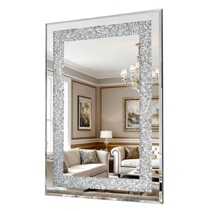 GDFStudio - Crystal Crush Diamond Rectangular Silver Wall Mirror - 36 x 24 Inch