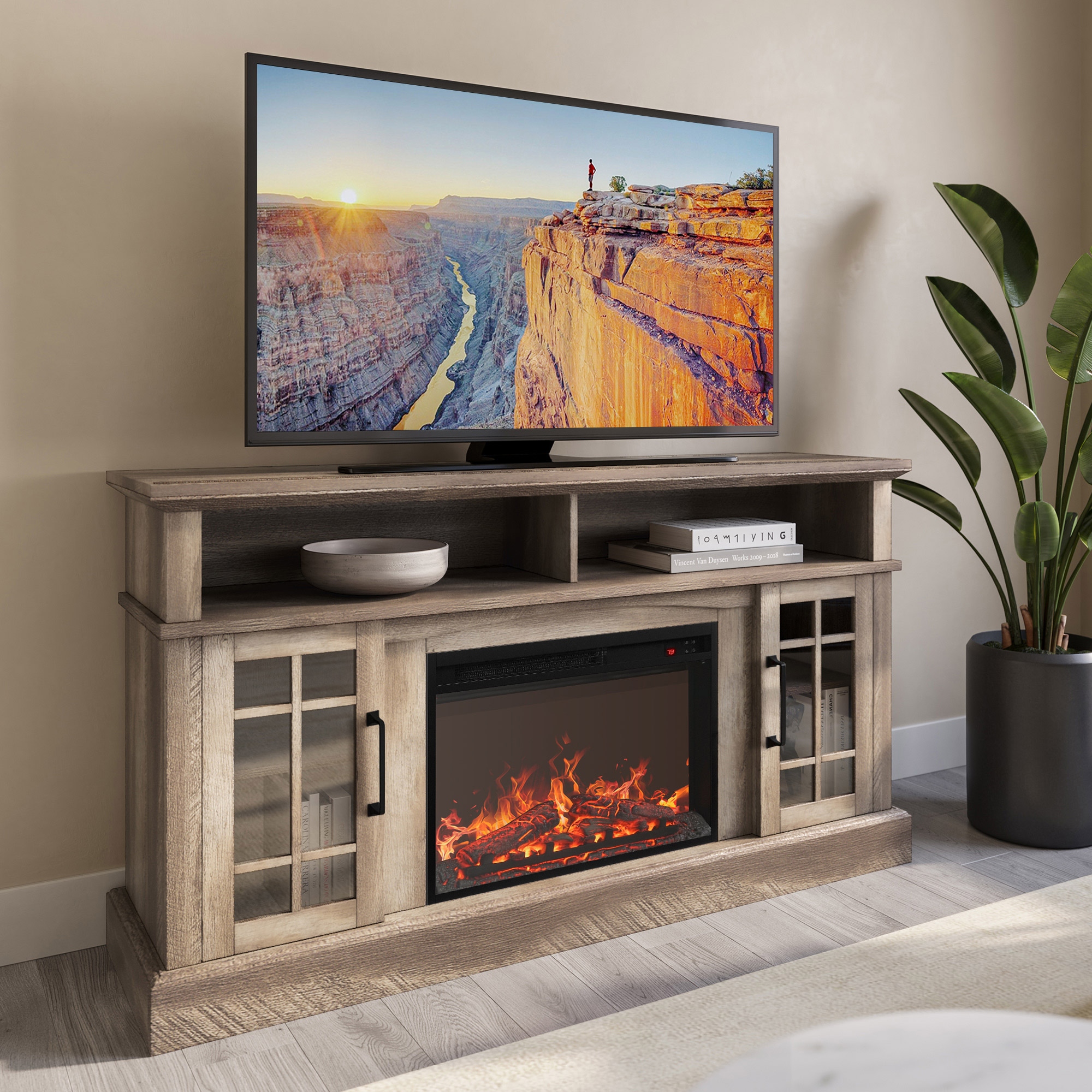 Tv stand with fireplace outlet and mount
