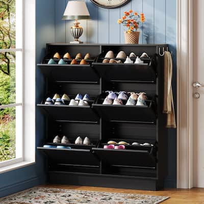 Narrow Tipping Bucket Shoe Cabinet With 6 Flip Drawers,Adjustable Shelf,Free-Standing Shoe Rack With 3 Silvery Hooks, Black