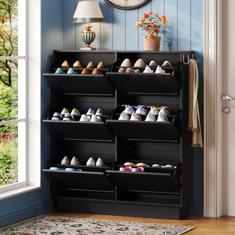 Sleek Cream-Colored Tipping Bucket Shoe Cabinet – Entryway Organizer with 6 Flip Drawers, Adjustable Shelf & 3 Silver Hooks