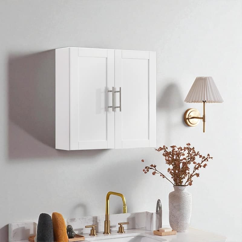 Wall-Mounted Wood Cabinet with 2 Doors and Adjustable Shelves for Bathroom, Kitchen, or Office - White