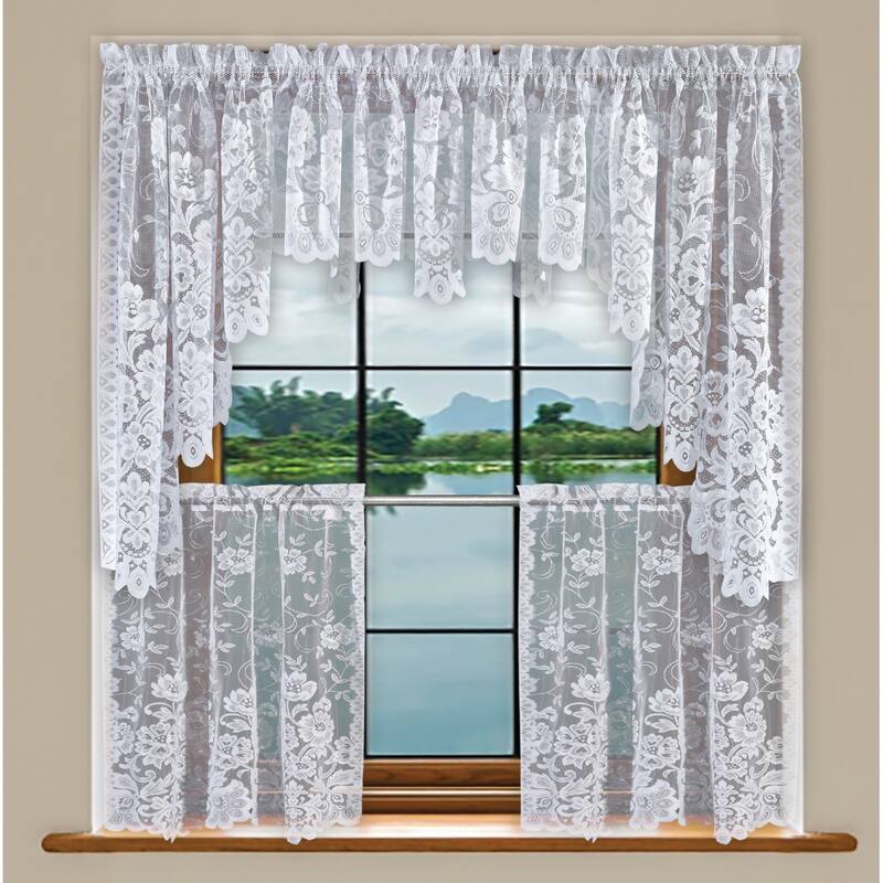 Floral Lace Kitchen Curtain, Cafe Tier, Valance or Swag Curtain - White - 36'' Tier Set