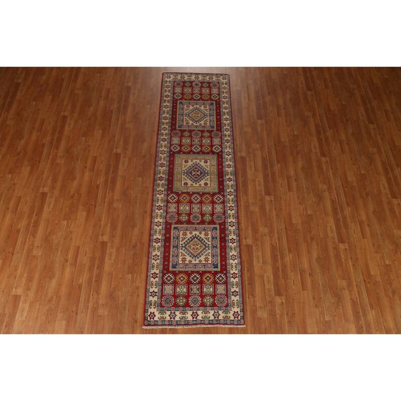 Red Traditional Geometric Kazak Oriental Wool Runner Rug Hand-knotted - 2'9" x 9'9"