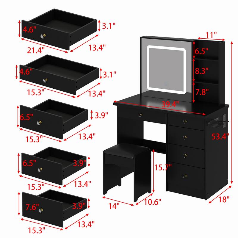 Vanity Set Dressing Table w/Lighted Makeup Mirror and Charging Station