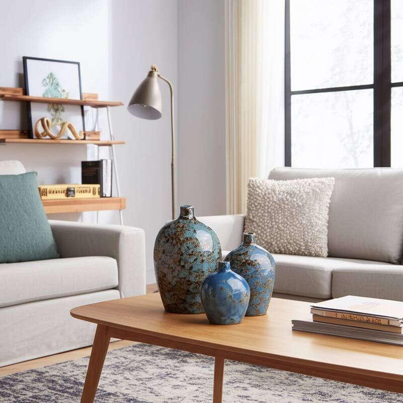 Stoneware Decorative Vases Modern Accent (Set of 3) - 10/8/6" Blue - Blue - 7" x 4" x 10"