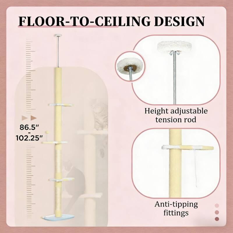 Cat Tree,4-Tier Floor to Ceiling Cat Tree Soft and plush while featuring double cushions in basket bed - Blue+Yellow,White