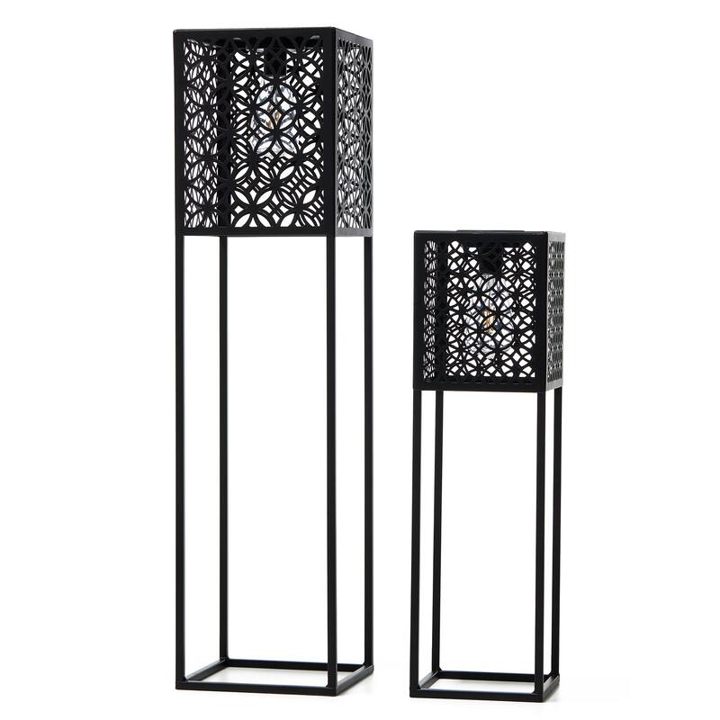 Glitzhome Set of 2 Black Metal Cutout Pattern Solar Powered Edison Bulb Outdoor Floor Lantern or Planter Stands