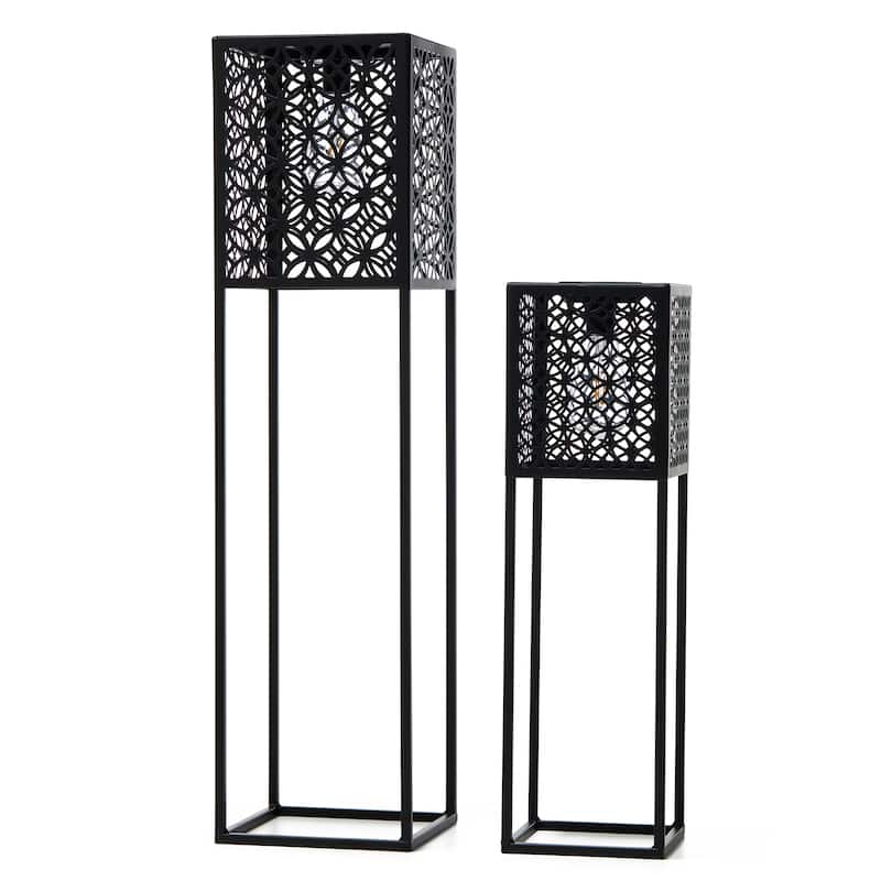 Glitzhome Set of 2 Black Metal Cutout Pattern Solar Powered Edison Bulb Outdoor Floor Lantern or planter stands