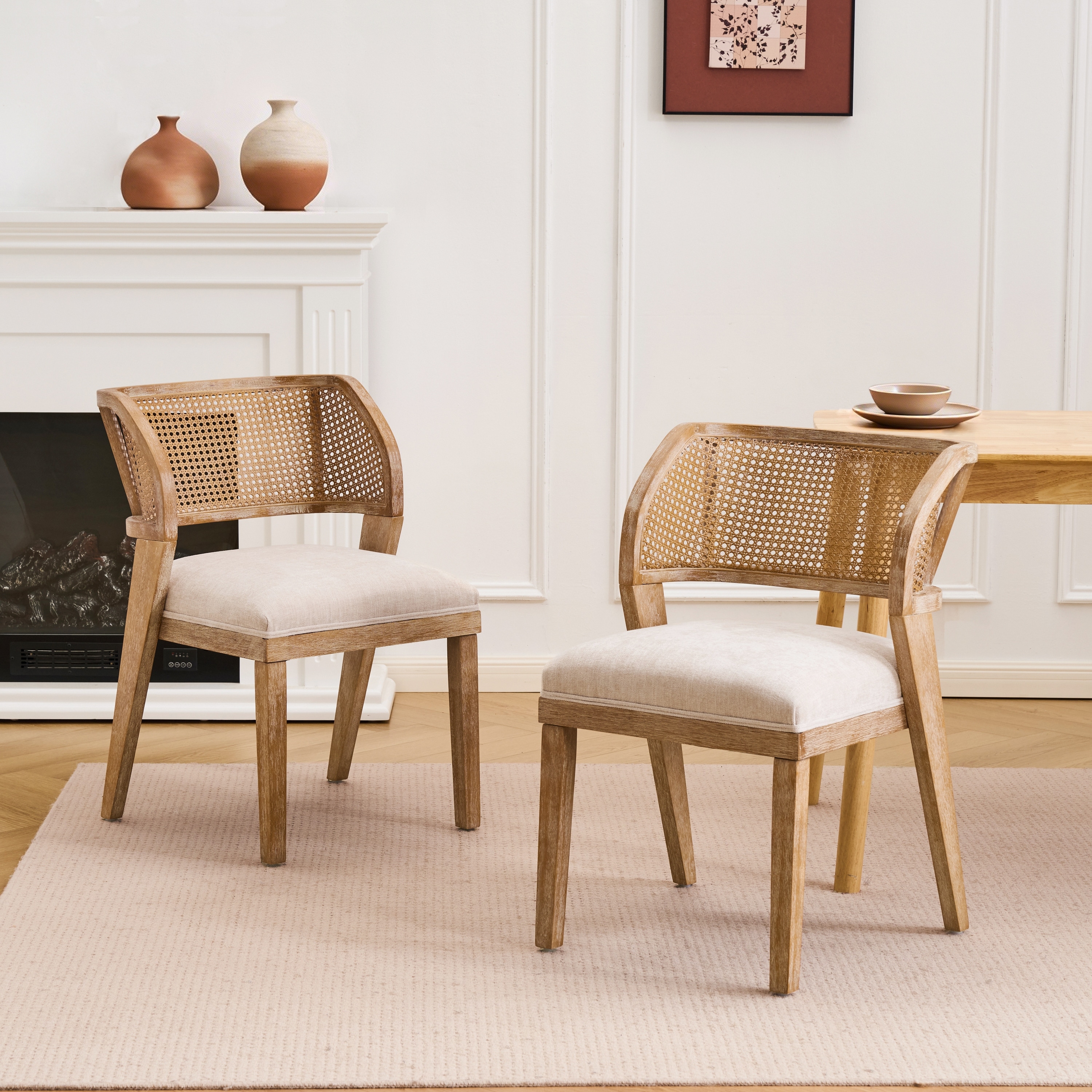 Christopher Knight Home - Vintage Upholstered Rattan Back Dining Chair Set with Curved Wood Frame & Cushioned Seat, Set of 2