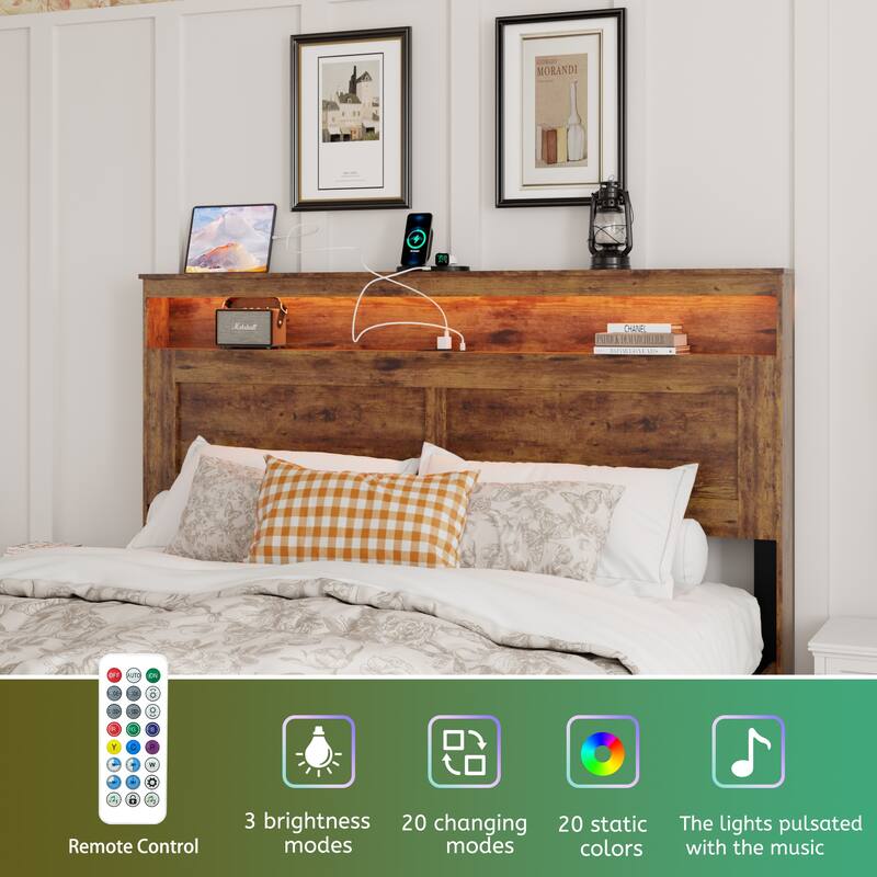 Roomfitters Bed Frame with Wood Platform, Storage Headboard, Charging Station, Light Bar Headboard, Dark Brown