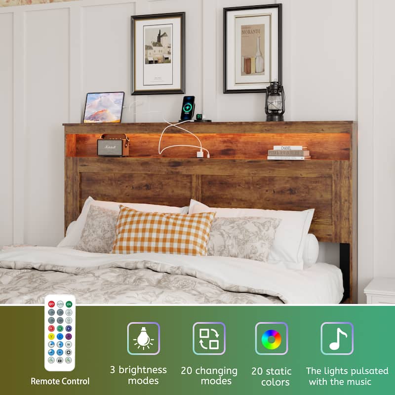 Wood Platform Bed Frame with Storage LED Light Headboard and 2 USB , Noise Free,No Box Spring Needed, Large Under Bed Storage
