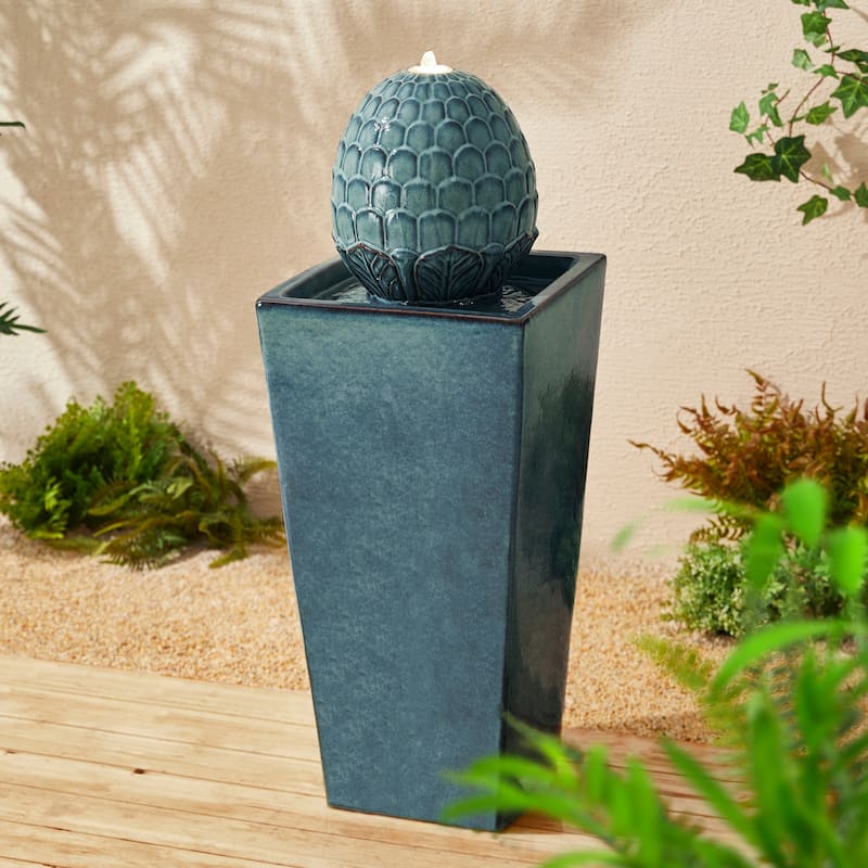 36"H Oversized Artichoke Pedestal LED Ceramic Fountain by Glitzhome