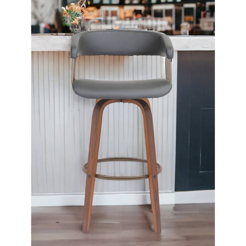 31" Gray And Wood Brown Faux Leather Swivel Bar Height Bar Chair - Gray