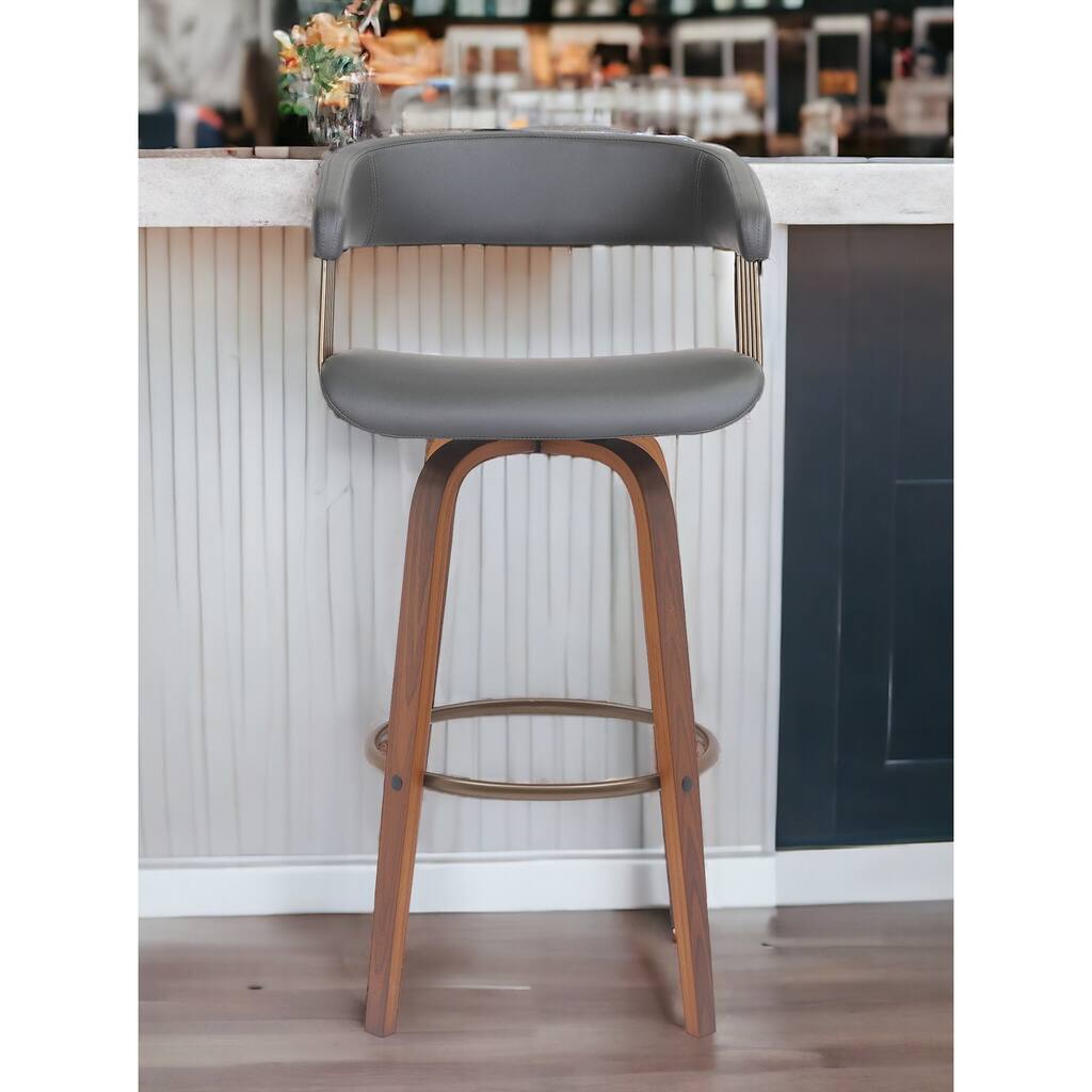 31" Gray And Wood Brown Faux Leather Swivel Bar Height Bar Chair