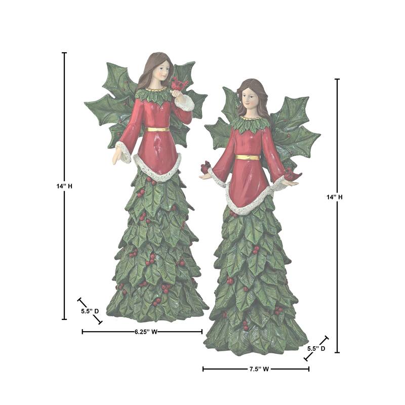 14" Resin Holly Angel Set of 2