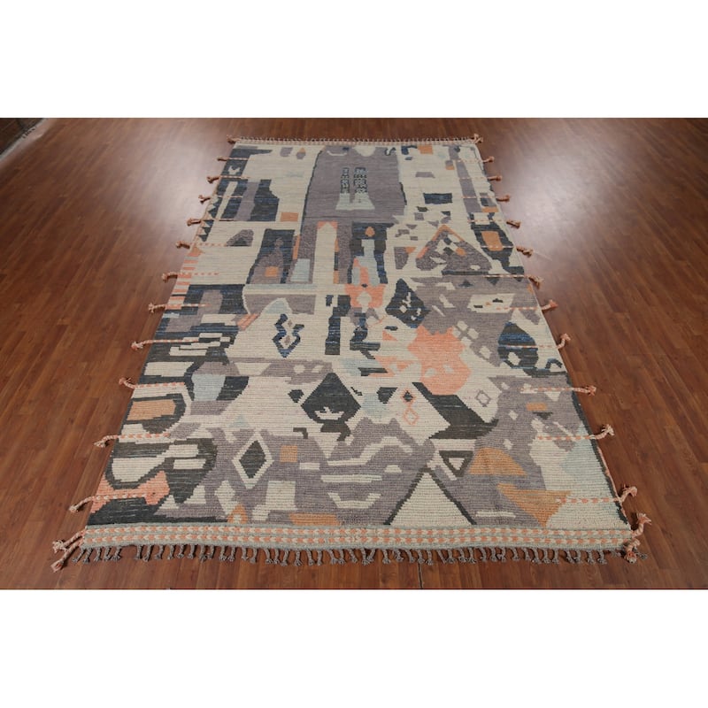 Beige Moroccan Abstract Area Rug Hand-Knotted Wool Carpet - 8'0"x 12'4"
