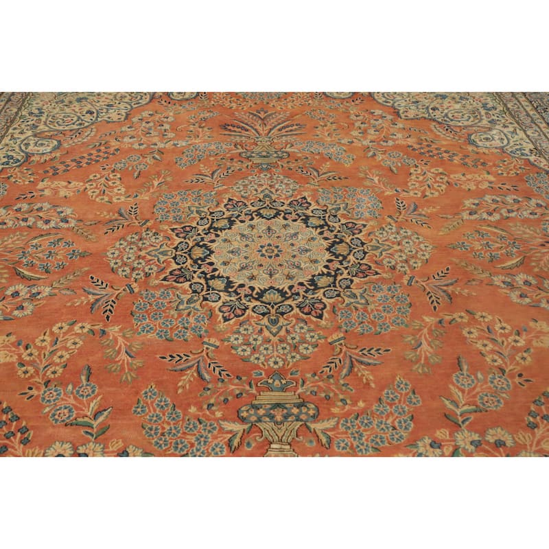 Hand Knotted Oriental 100% Wool Carpet Traditional Floral Oranges & Rust Kerman Area Rug - 12' 8'' X 10' 1''
