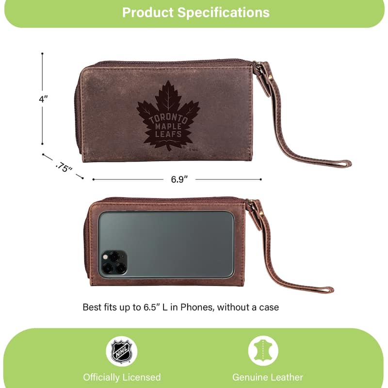 Brown Leather Cell Phone Wristlet Wallet, Toronto Maple Leafs - 4" x 7"