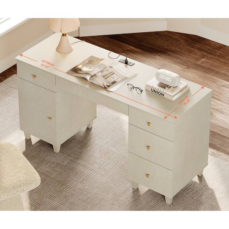 WAMPAT Home Office Furniture Set, 58" Executive Desk with Cabinet, 4-Column 71" Tall Bookcase with Doors and Adjustable Shelves