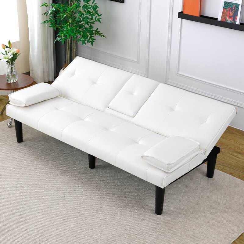 Convertible Loveseat Couch Adjustable Faux Leather Sleeper Sofa Bed with Coffee Table, Cup Holders and Removable Pillow Armrests