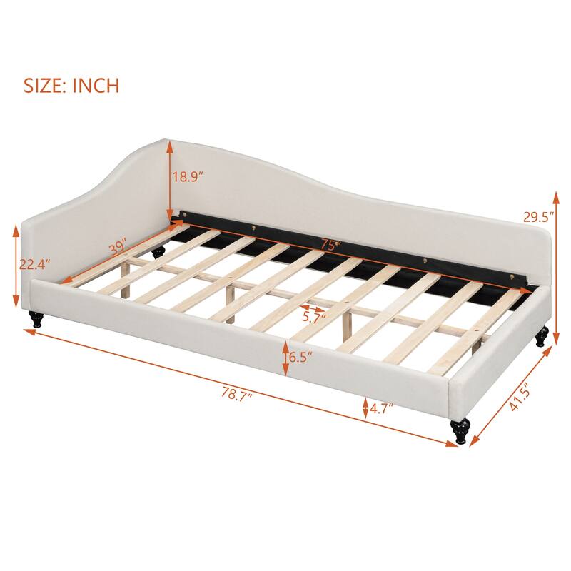 Twin Size L-Shaped Linen Daybed,with Solid Wood Legs