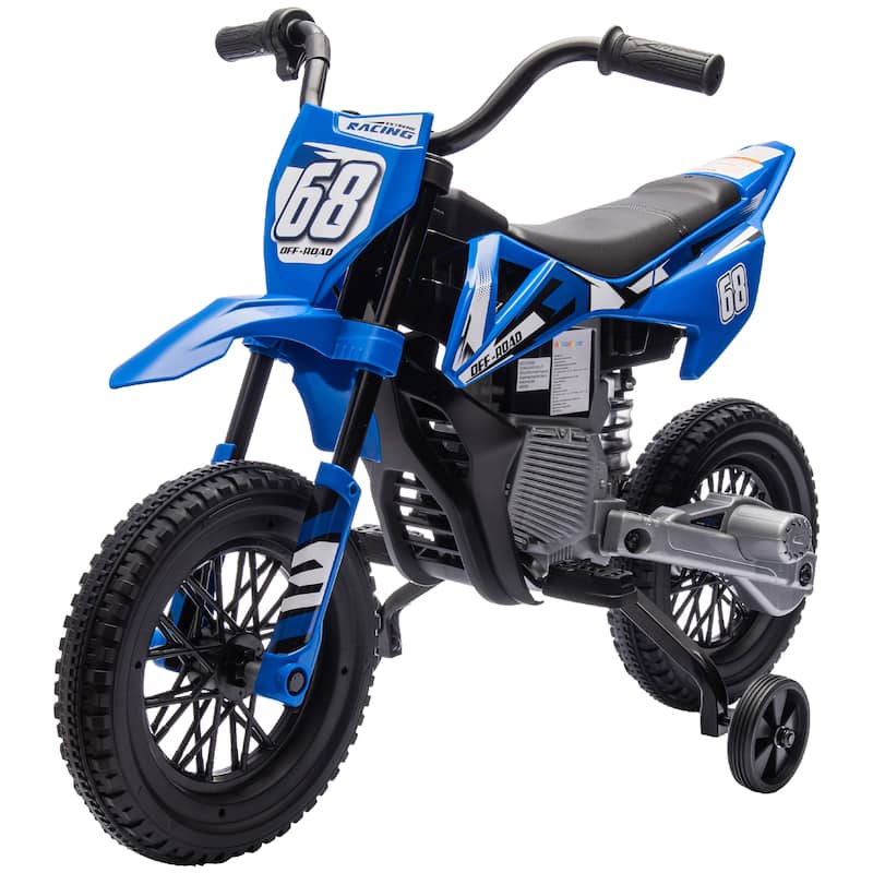 Blue Kids Dirt Bike 12V Electric Motorcycle with Training Wheels, Toddler Ride-On Motorcycle with Music