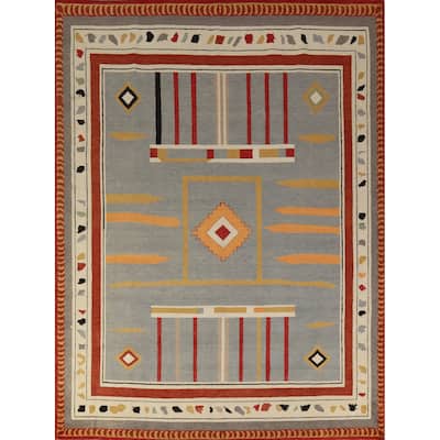 Hand Knotted Oriental 100% Wool Carpet Modern Geometric Greys & Charcoal Gabbeh Area Rug - 9' 11'' X 8' 1''
