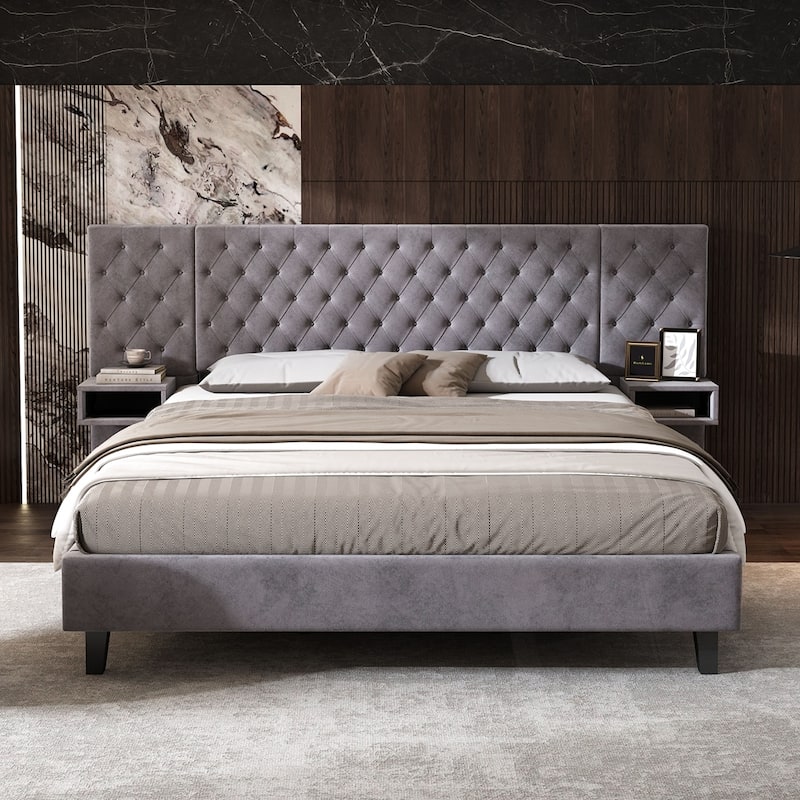 Modern Velvet Upholstered Platform Bed with 2 Nightstands