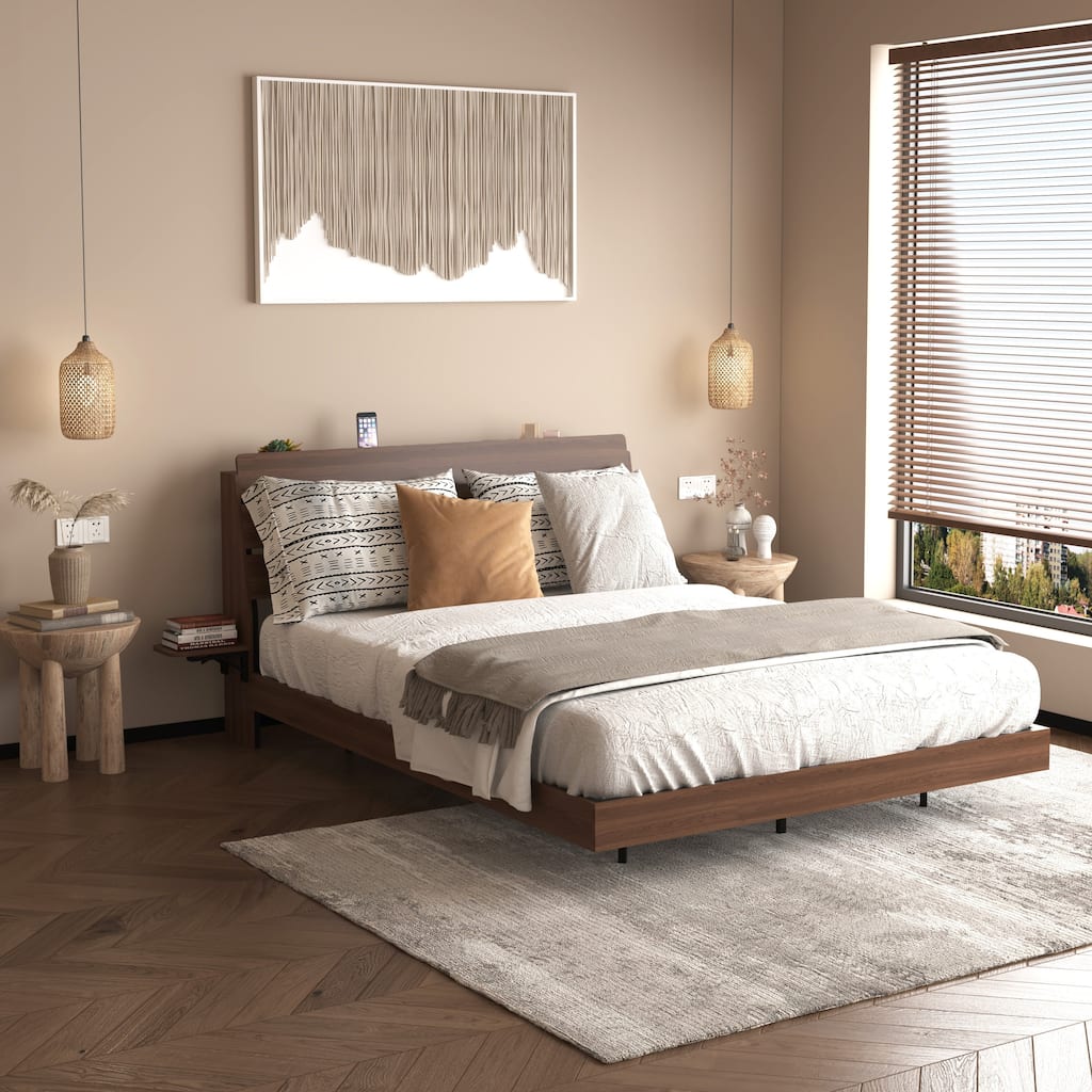 Wood Queen Size Floating Bed Frame with Led Lights, Foldable Side Tabletop and Storage Headboard Built-in Charging Station