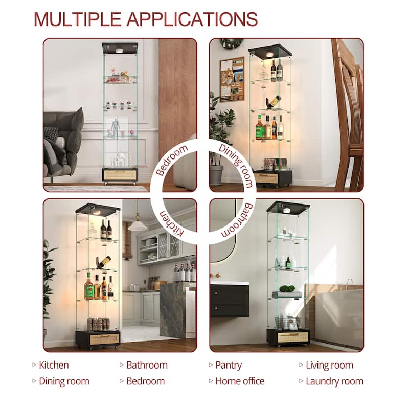 65.9" Modern Glass Display Cabinet with Drawer, LED Lights & 4 Tempered Glass Shelves - Lockable Storage Case
