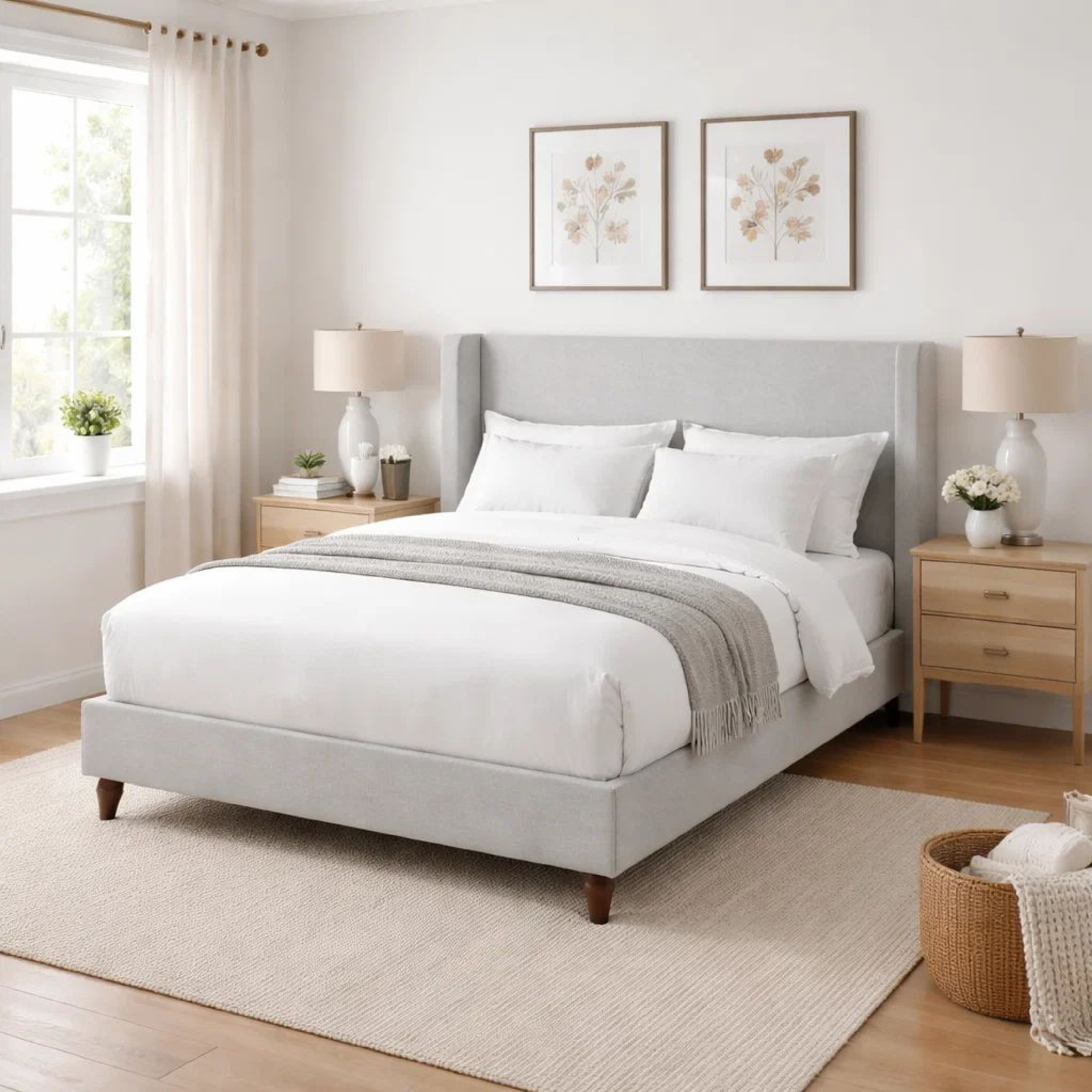 Heny Queen Size Bed with Wingback Tall Headboard, Ivory Fabric Upholstery