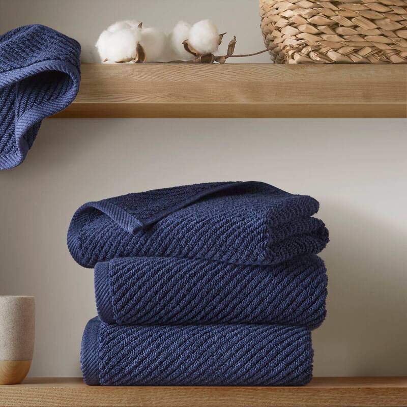 Madison Park Diagonal Ribbed Cotton Quick Dry Towel Set - 4 Hand Towels:18"W x 28"L  - Navy