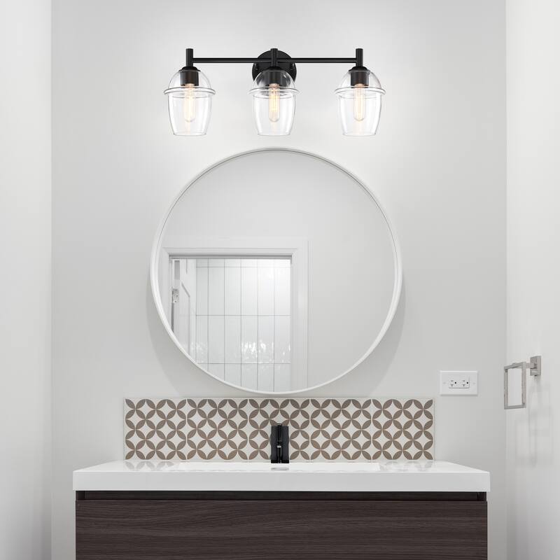 Summer Jazz 24 in. 3-Light Matte Black Vanity Light with Clear Glass Shades for Bathrooms