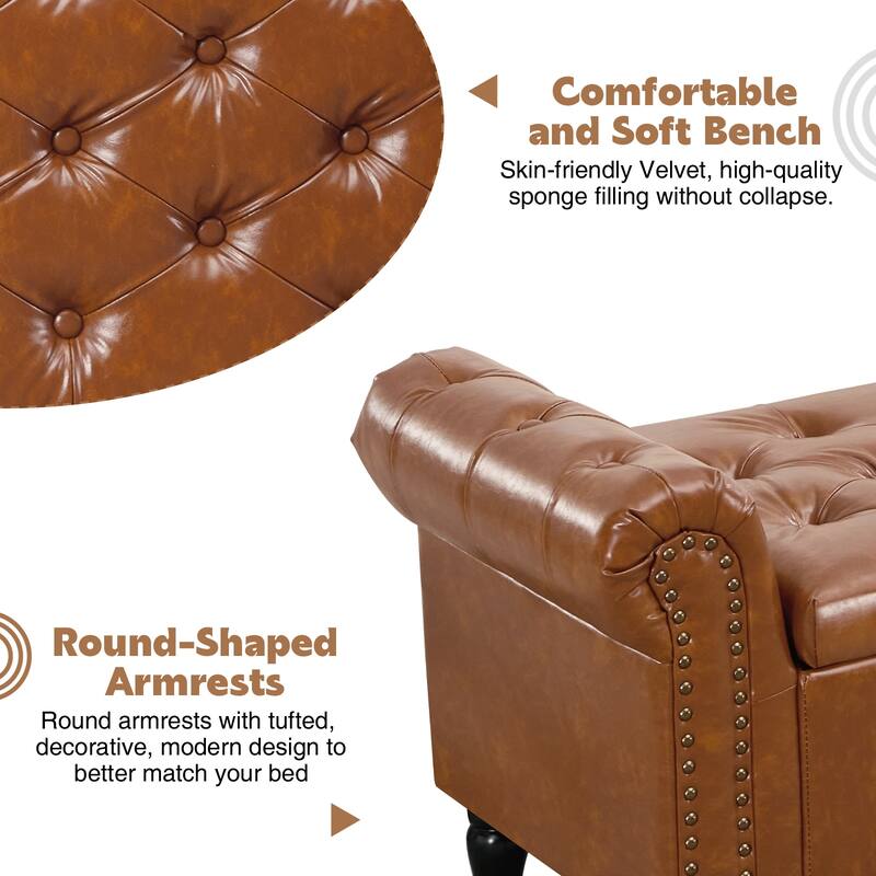 67" Velvet Tufted Storage Bench for Bedroom End of Bed with Roll Arms