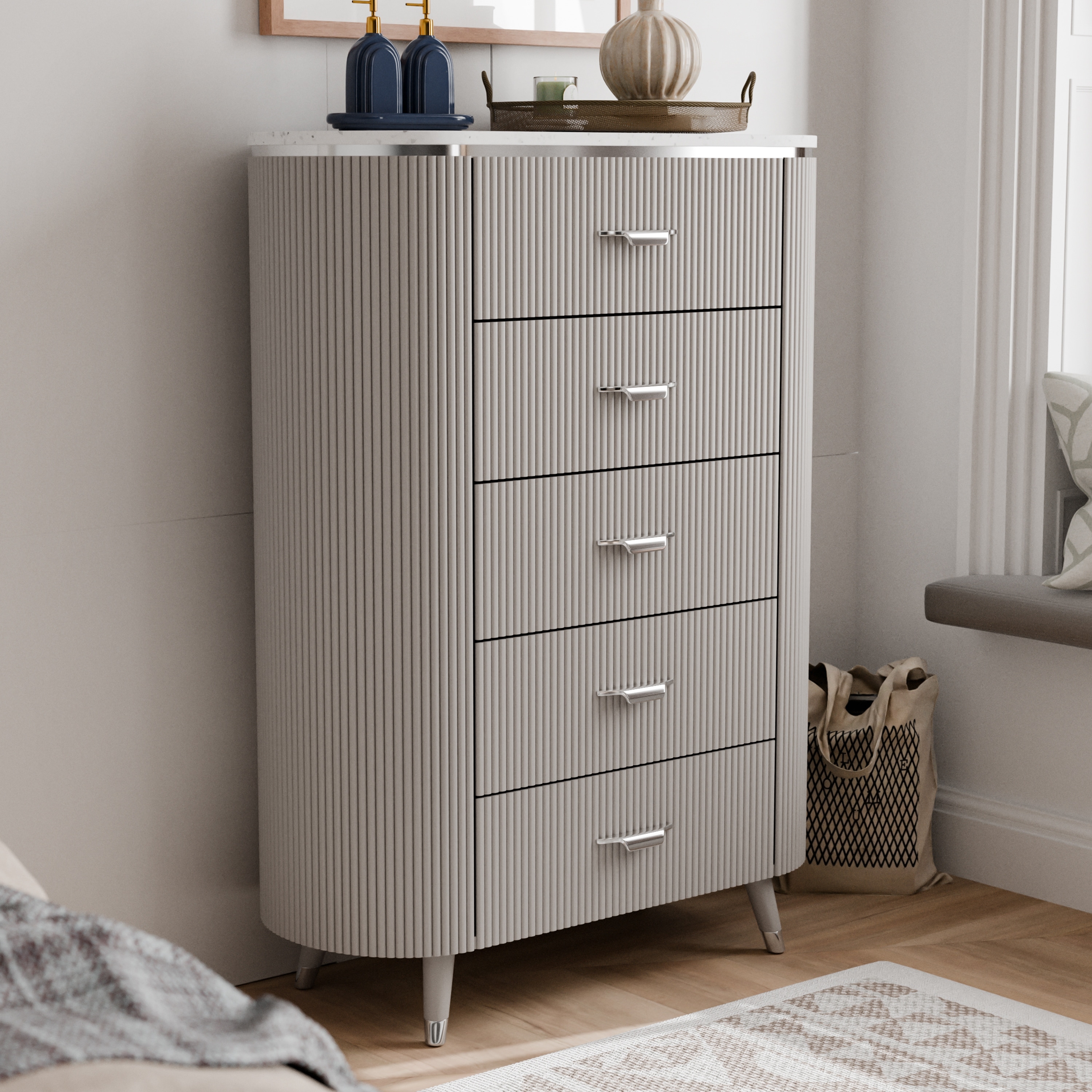 Furniture of America Seraphine Modern Light Gray Solid Wood 5-Drawer Storage Chest with Cultured Stone Top