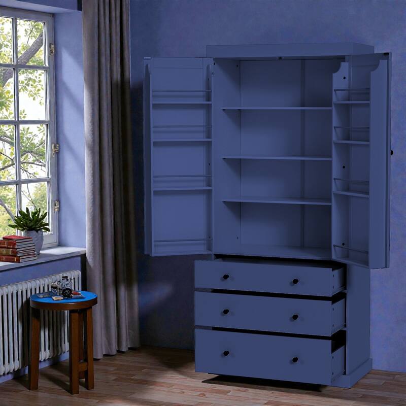 77 Inch Farmhouse Kitchen Pantry Cabinet with Drawers and Door Shelves, Freestanding Tall Storage