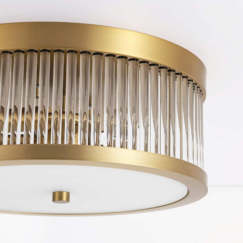 12.20 in. 3-Light Modern Industrial Round Drum Flush Mount Ceiling Light with Clear Glass Rods