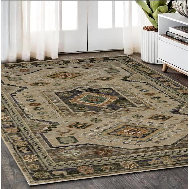 HomeRootsTribal Bohemian Rectangle Area Rug - 90.55' X '62.99' X '0.55 - Green/Gray