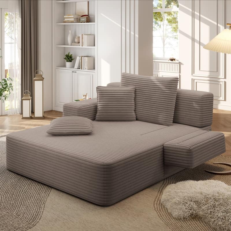 Luxurious Plush Corduroy Chaise Lounge Convertible Sofa Bed with Storage Pocket and Wide Armrests