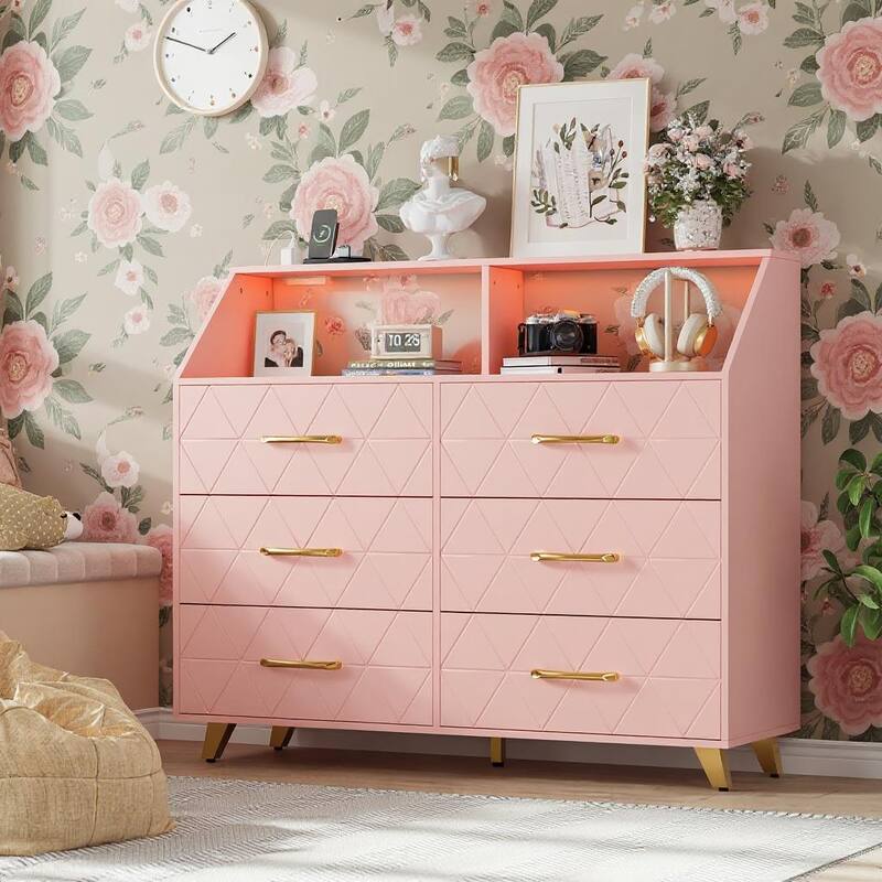 6 Drawers Dresser for Bedroom, with Charging Station and LED Lights - Pink