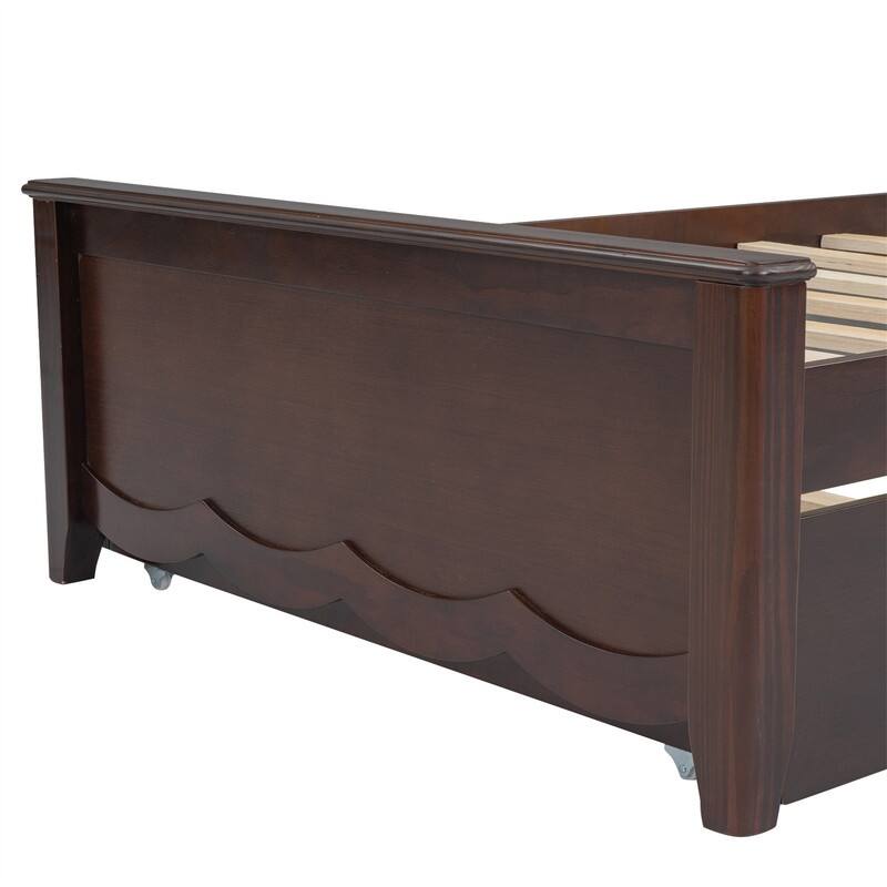 Solid Wood Platform Bed with Twin Size Trundle, Twin/Full Size Bed Frame with Headboard and Slats Support
