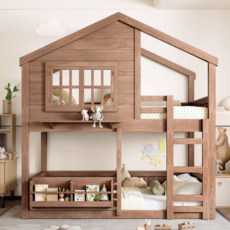 Twin Size Bunk Bed/Loft Bed with Bookshelf, House Design, High-Quality Safety Fencing, Natural