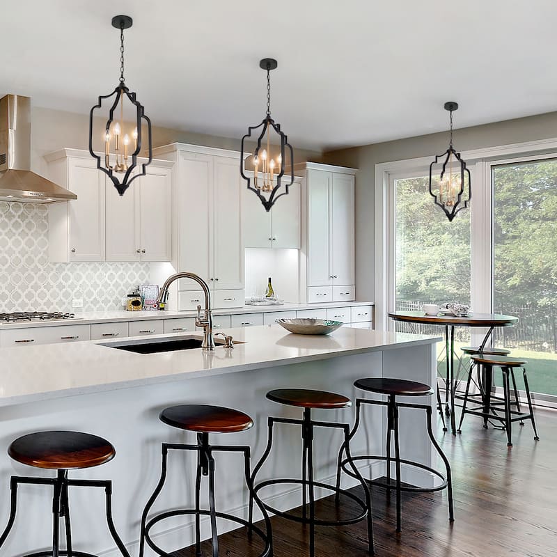 Modern 4-Light Black Gold Chandelier Metal Cage Candle Pendant Lights for Dining Room - 15" L x 15" W x 27" H