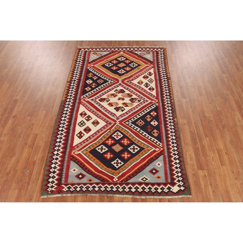 Vegetable Dye Geometric Kilim Qashqai Persian Vintage Wool Carpet - 4'10"x 8'1"
