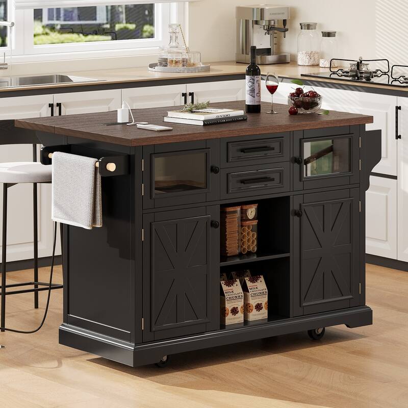 Cross Barn Door Kitchen Island, Rolling Wheels Pantry Storage Cart with Drop Leaf, Power Outlet and Glass Door for Dining Room - Black