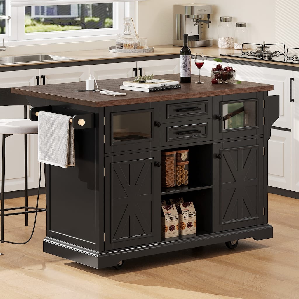 Kitchen Island on Lockable Wheels with Drop Leaf & Power Outlet, Rolling Island Table with Cross Barn Doors & Visual Glass Door