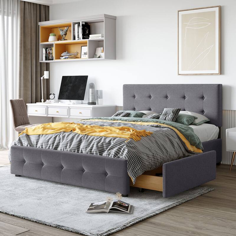 Dark Grey Tufted Design Upholstered Bed Queen Size Platform Bed with 4 Storage Drawers, No Box Spring Needed Slats Bed Frame