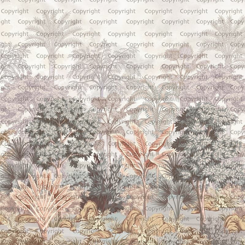 Pastel Tropical Forest Wallpaper Mural Purple Pink Foliage - Green - W:175" x H:118"