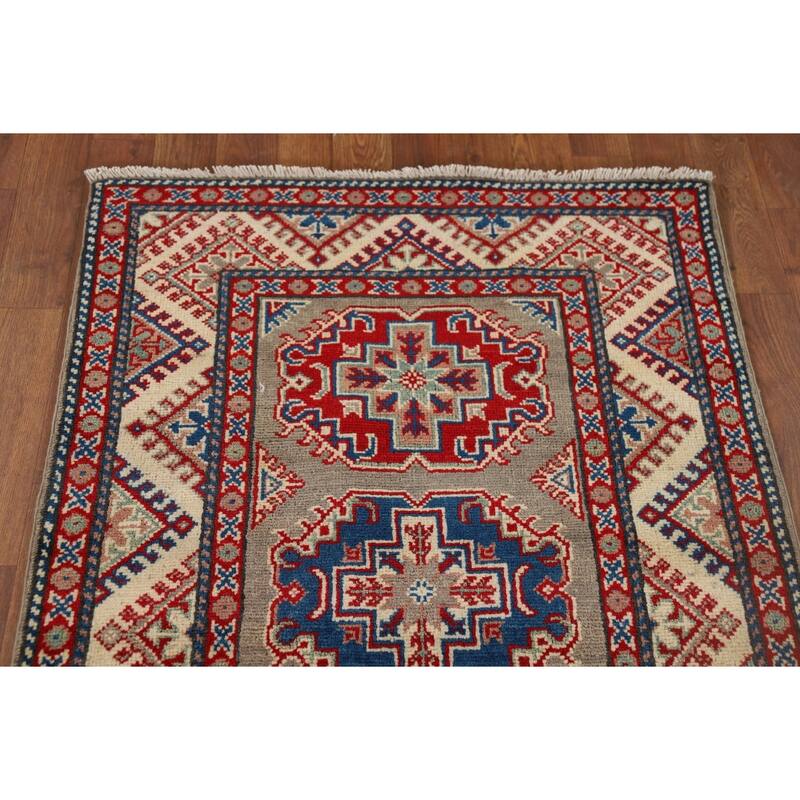 Geometric Brown Kazak Oriental Runner Rug Handmade Wool Carpet - 2'8" x 9'11"