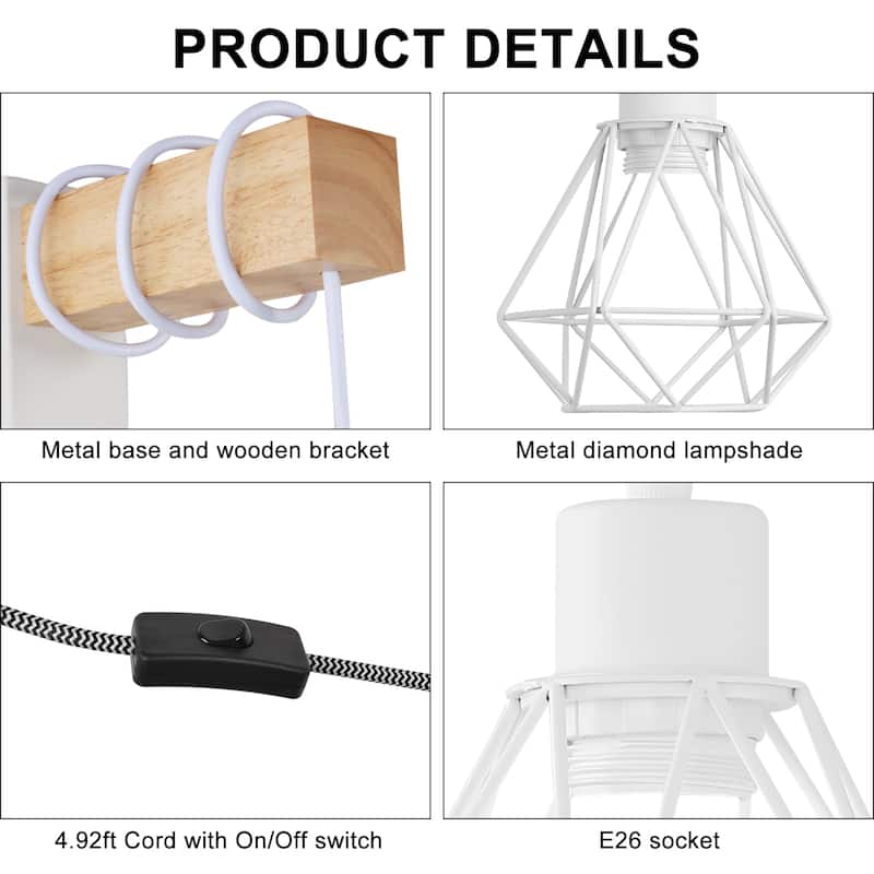 Modern Plug in Wire Wood Cage Black Wall Lamp- Industrial Rustic Retro Pendant Lamp With Adjustable Hanging Wall Lights Fixture